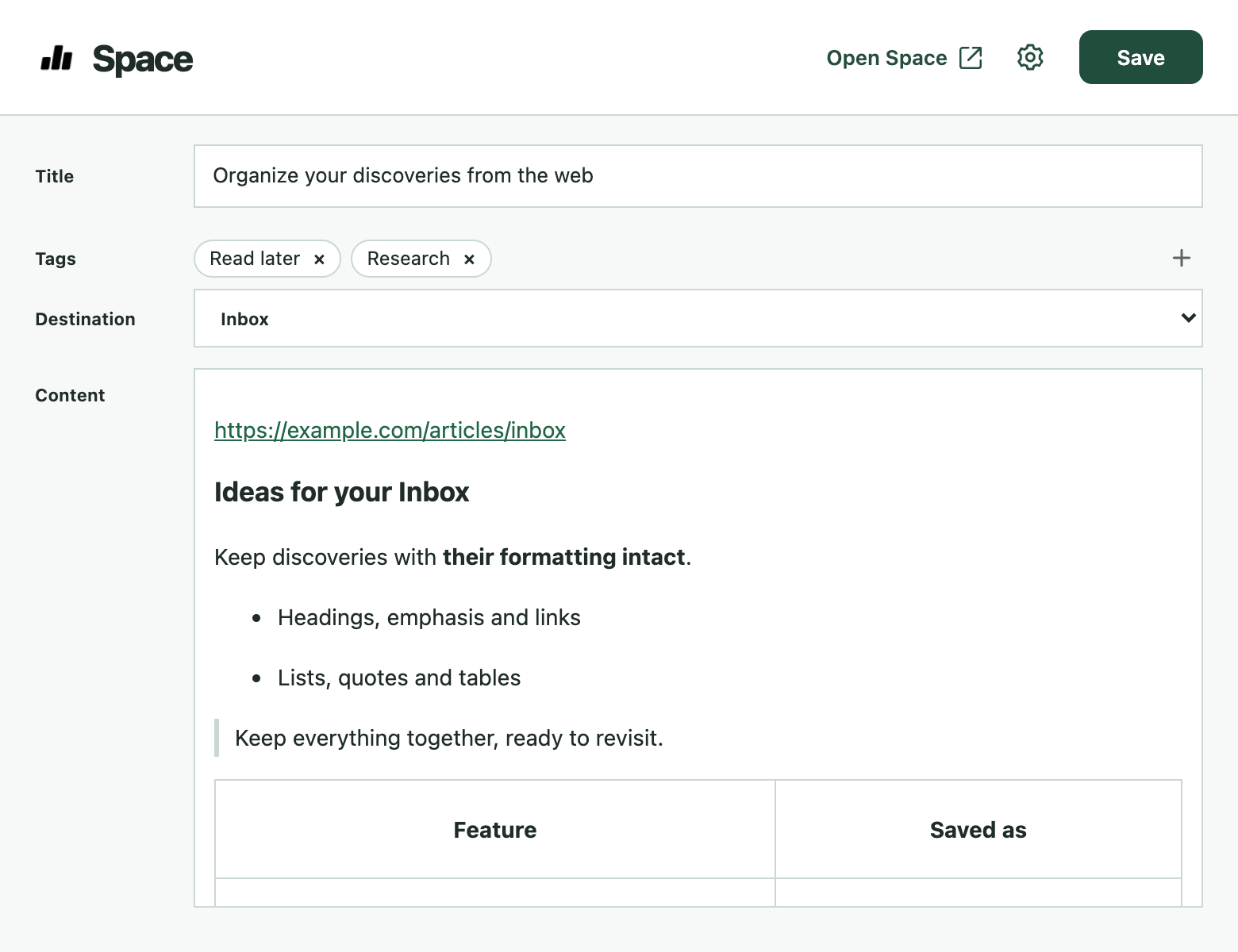 Preview before saving in Space Web Clipper